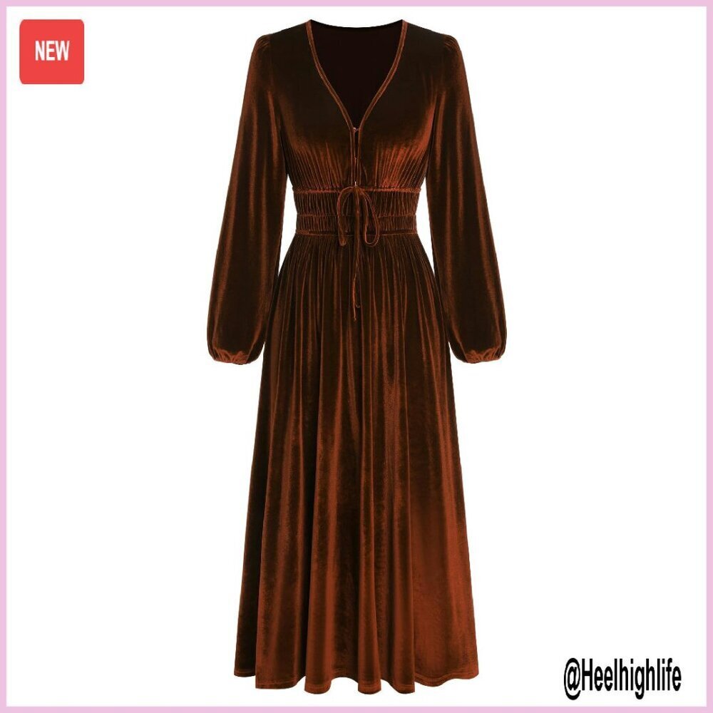 Long Sleeve Velvet Midi Dress V-Neck Elastic Waist Semi Formal Wedding Guest